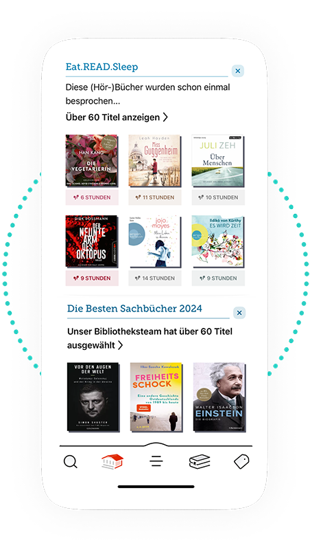 Empfohlene E-Book- und Hörbuch-Titel in der Libby-App auf einem Smartphone angezeigt.