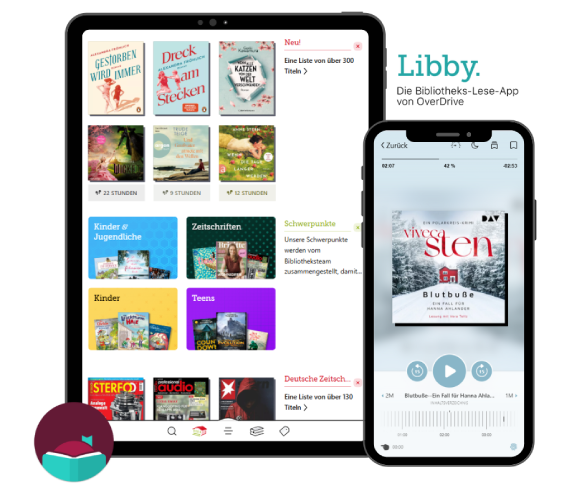Libby-App-Oberfläche zur Wiedergabe von Hörbüchern und zum Lesen von E-Books auf verschiedenen Geräten angezeigt.